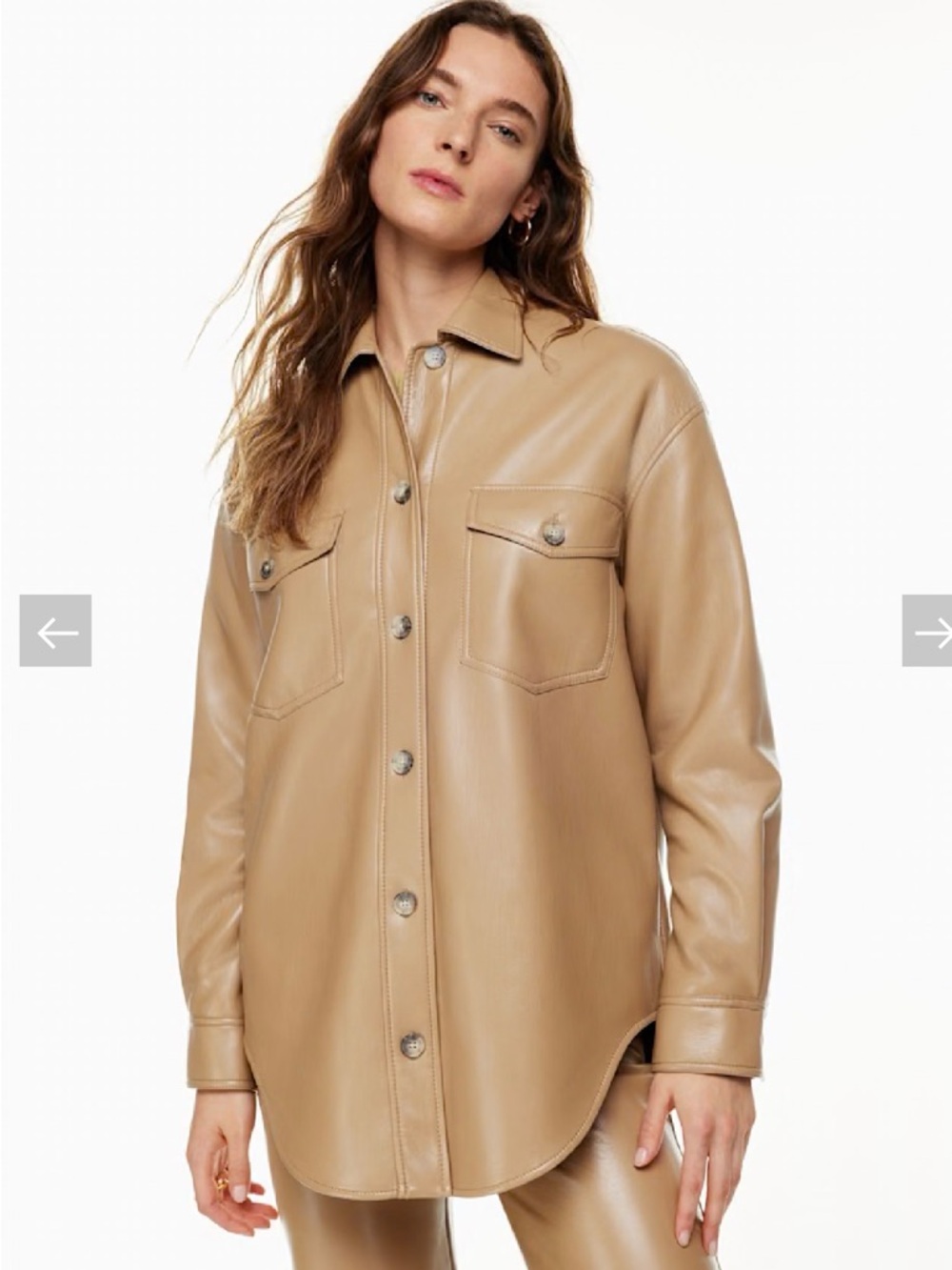 Aritzia Tan Leather Button-Front Shirt Jacket